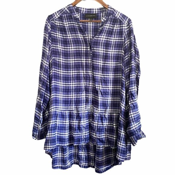 Lane Bryant Roll Tab Sleeve Plaid Button Up Soft High Low Tunic Blouse Size 14 - Picture 3 of 10